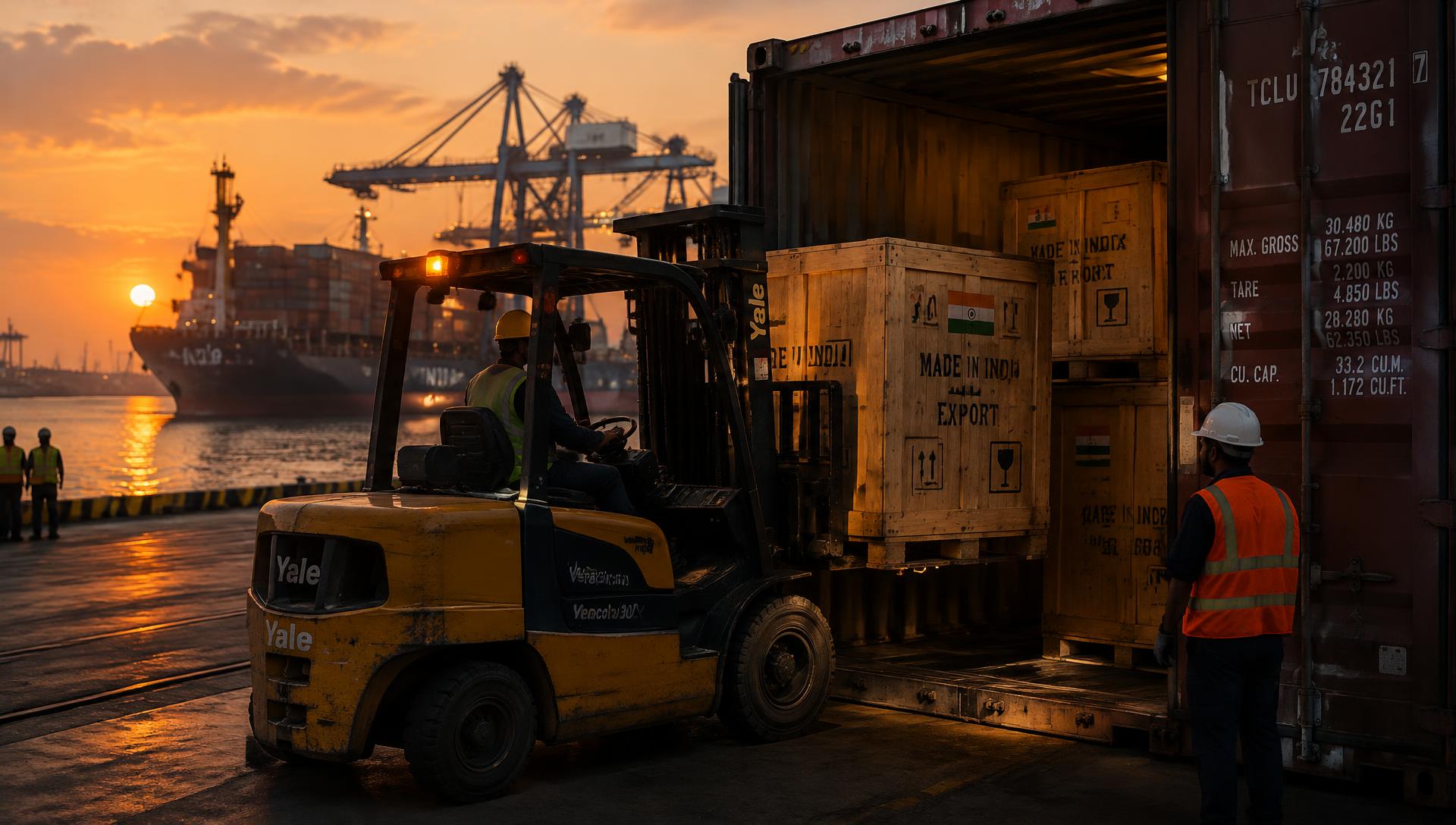 Wooden export crates being loaded into a shipping container