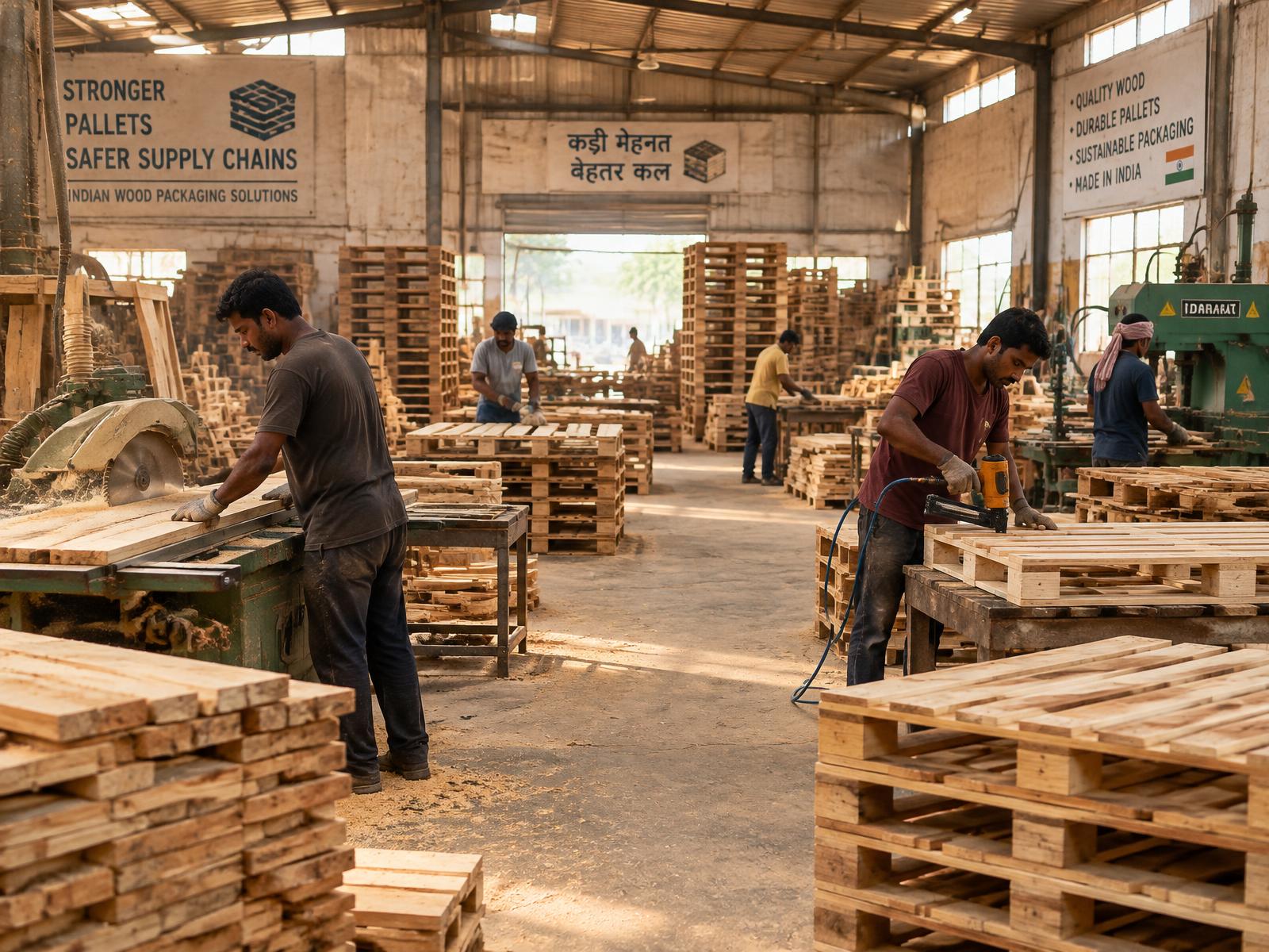Workers building wooden pallets in the RS Enterprises factory