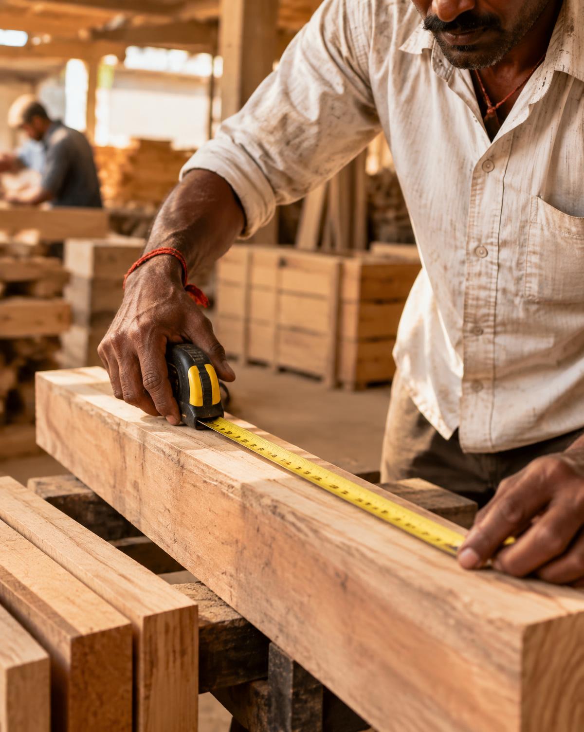Craftsman measuring timber in the RS Enterprises workshop